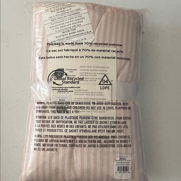 Pottery Barn Teen Washed Cotton Ruffle Stripe Standard Sham Powdered Blush Pink - Picture 3 of 4